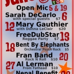 June @ Arlington Open Mic 5 & 19 Sarah DeCarlo with special guests 6 Mary Gauthier with Donna LeClair 12 FreeDubStar Reggae Party 13 Bent By Elephants Orchestral Psych Rock 18 Fran Band Rock N Roll 20 Al Lerman from Fathead 27 Nepal Benefit 28 www.thearlington.ca