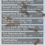 Finally Spring! April and May At The Arlington West End Riverboat Band New Orleans Jazz and Blues Saturday April 7 2019 9pm $10 Russell DeCarle Formerly Of Prairie Oyster Saturday April 13 2019 8pm $25 adv $30 door Hungerford Station Local Party Dance Band Saturday April 20 2019 9pm $10 The Anything Goes Cafe Biannual Cabaret Of Creativity Saturday April 27 2019 8pm $5 Sonny Cook Birthday Party Here's to 90s years young Saturday May 4 2019 4pm Saturday May 4 2019 Tich Maredza Band Zimbabwean Afro-Jazz Saturday May 11 2019 9pm $10 FreeDubStar Reggae Indie Dance Saturday May 18 2019 9pm $10 Bobby Dove Country and Blues Saturday May 25 2019 9pm $10