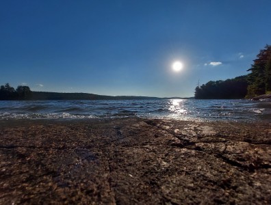rocky shore at Hay Lake