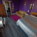 Private Room queen bed, couch, night table, two mirrors, wardrobe, tiny desk & chair, pink rug, purple walls